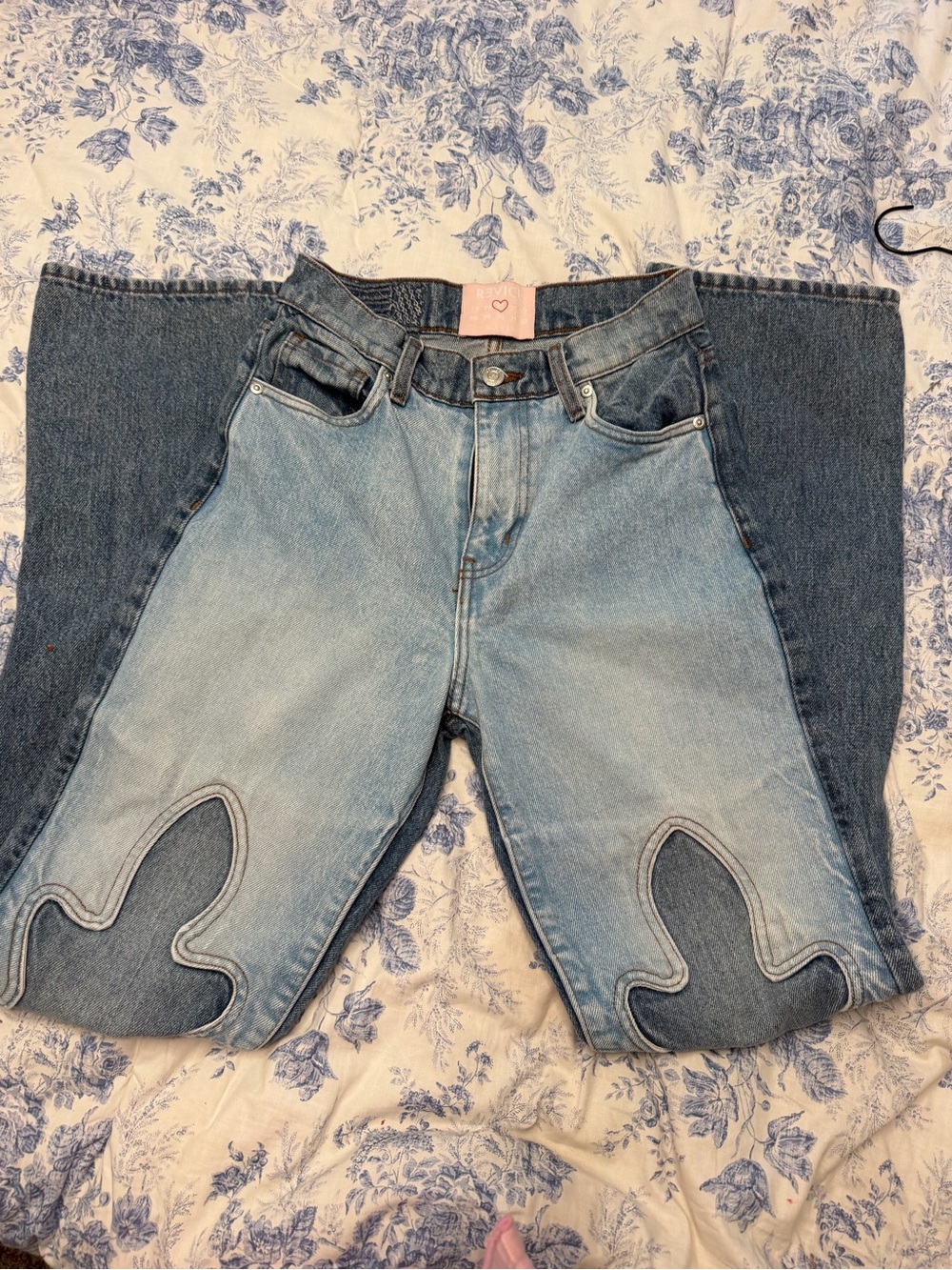 REVICE Two-Tone Light and Dark Blue Bootcut Jeans with Decorative Knee Panels